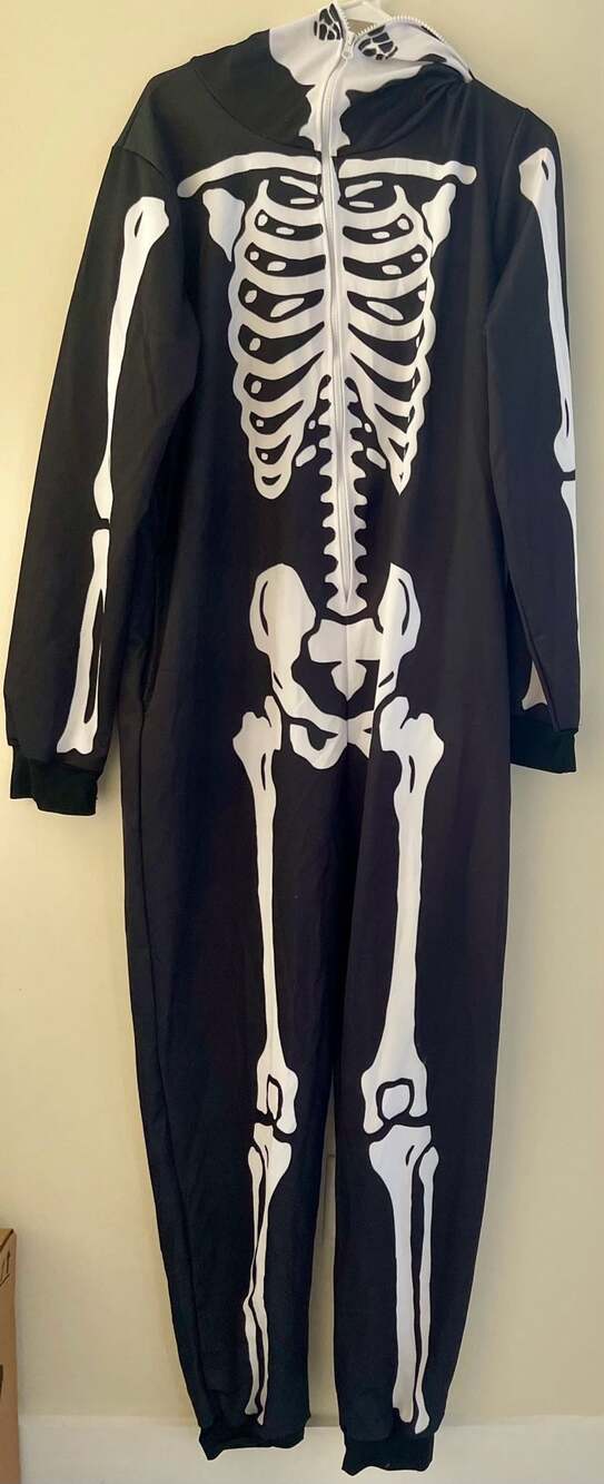 Skeleton Costume Size L Black White Hooded Zip-Up Jumpsuit